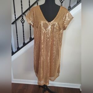 Gold Sequins V Neck Shift Dress
